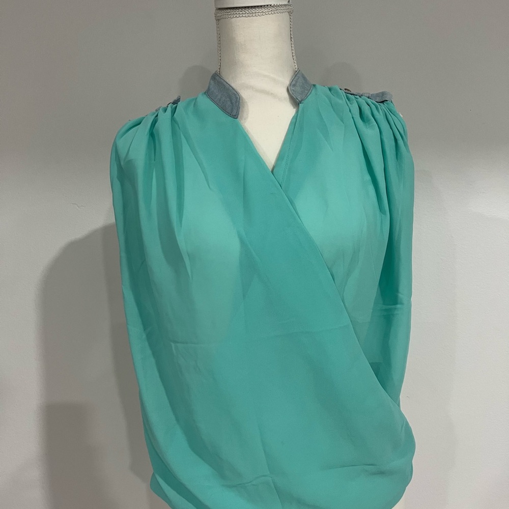 2B Bebe Turquoise Wrap Blouse with Gray Trim